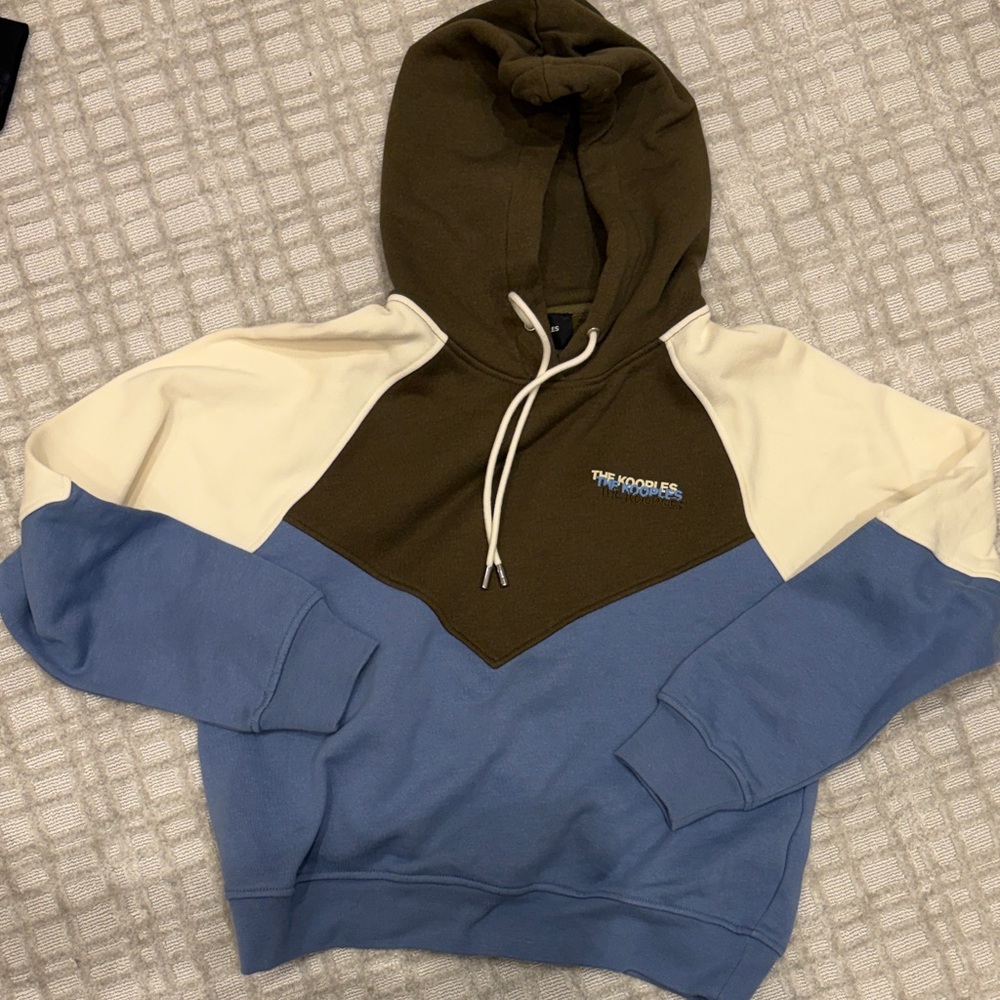 The Kooples Colorblock Crewneck Hoodie — Olive, Cream & Dusty Blue